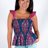 Tate Smocked Peplum Top - Navy Magenta Big Floral