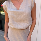 Camille Linen Vneck Elastic Waist Top - Beige