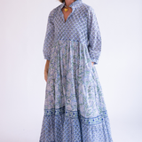 Esther 3/4 Sleeve Blockprint Maxi Dress - Cornflower Mix