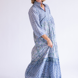 Esther 3/4 Sleeve Blockprint Maxi Dress - Cornflower Mix