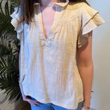 Meg Linen Ruffle Top - New Khaki