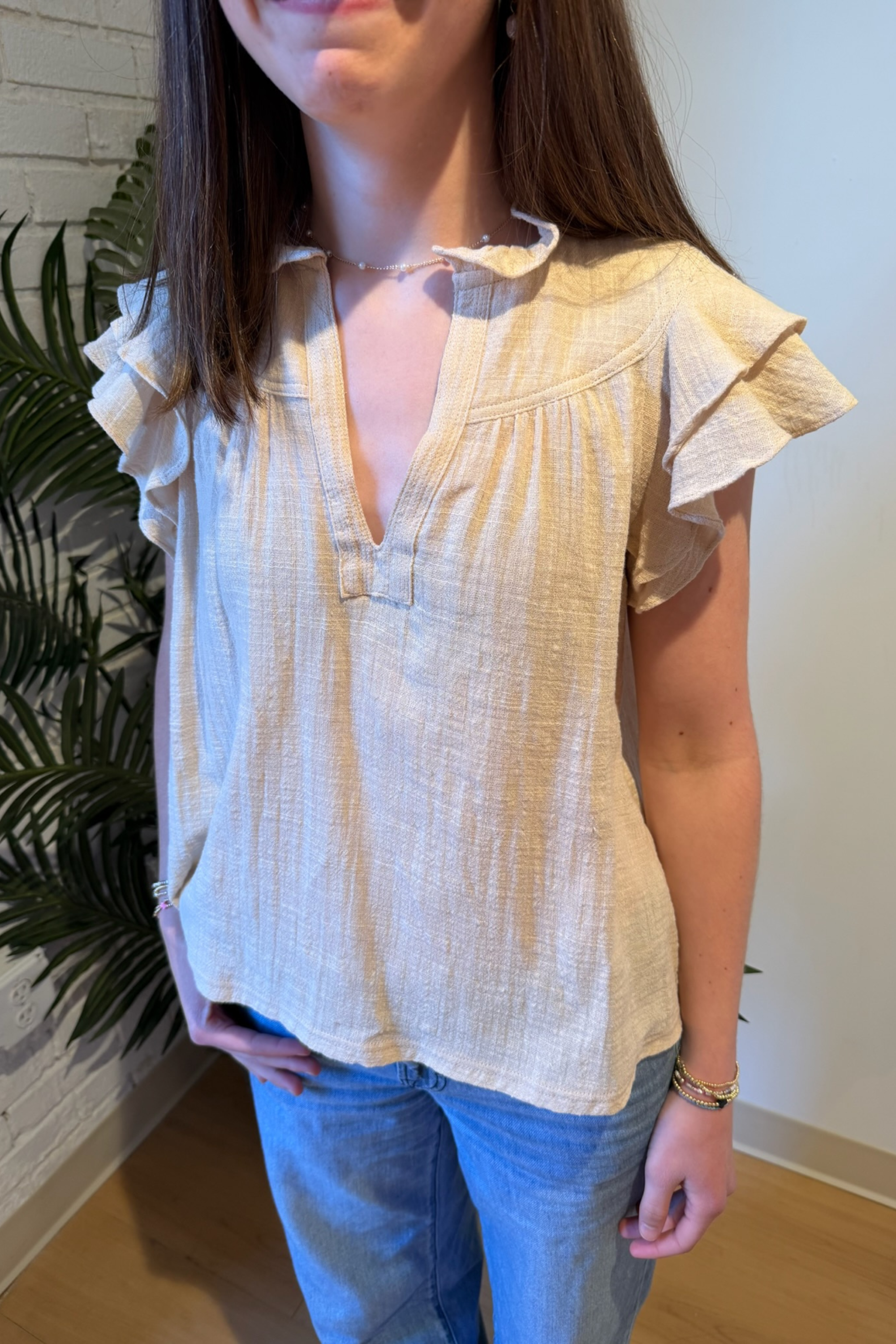 Meg Linen Ruffle Top - New Khaki