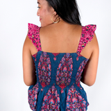 Tate Smocked Peplum Top - Navy Magenta Big Floral