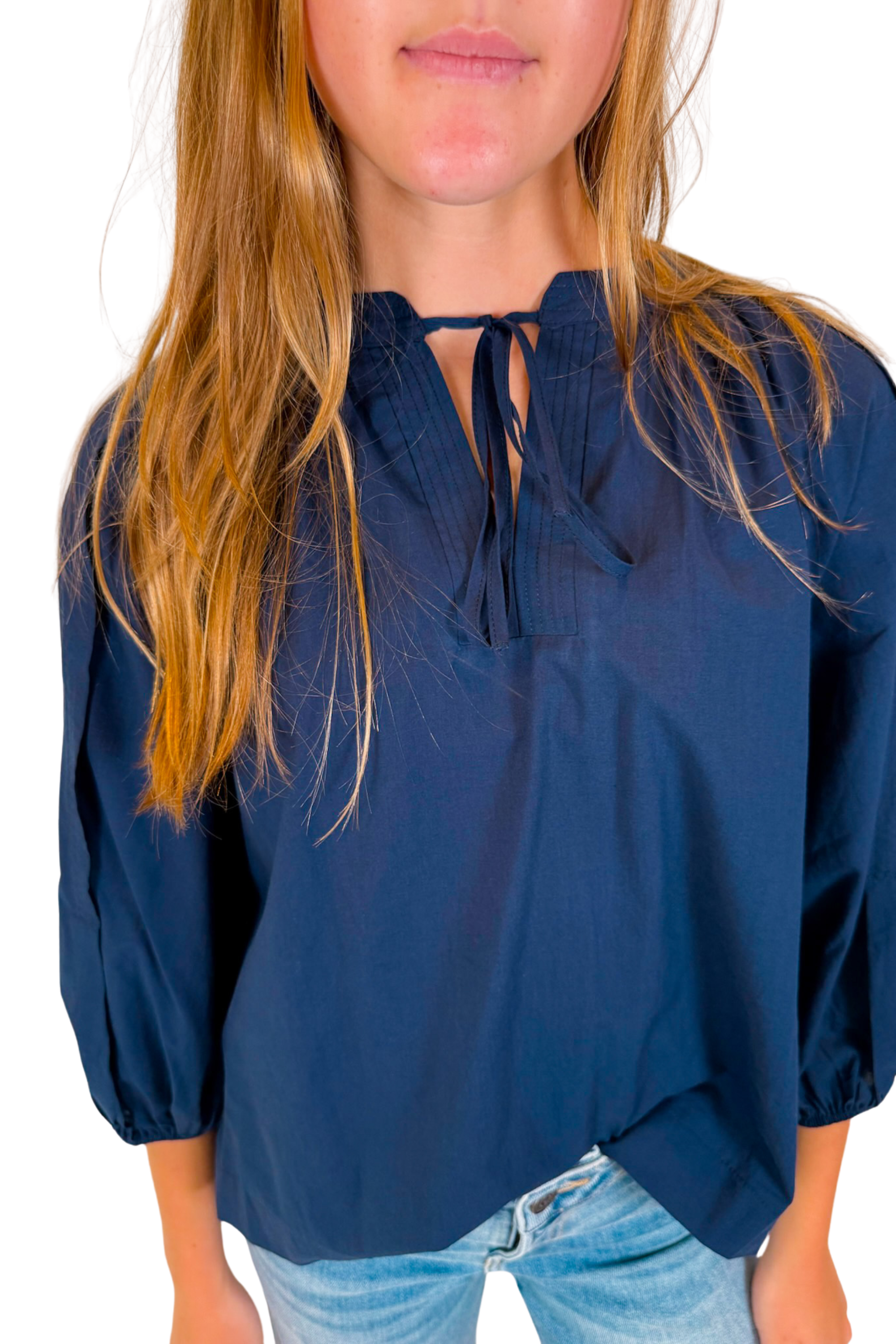 Margaret Vneck Balloon Sleeve Top - Navy