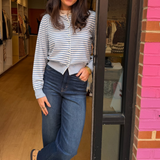 Abbie Crewneck Knit Striped Cardigan - Blue