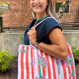 Emily Blockprint Zipper Tote - Fuchsia Palm Stripe