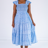 Chloe Scalloped Maxi Dress - Bulb Trellis Bright Blue