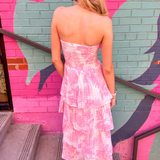 Strapless Gauze Tier Maxi Dress - Pink Palm