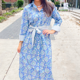 Kissy Belted Shirt Maxi Dress - Peri Teal Daisy