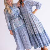 Esther 3/4 Sleeve Blockprint Maxi Dress - Cornflower Mix