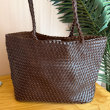 Isla Woven Leather Tote - Chocolate