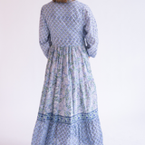 Esther 3/4 Sleeve Blockprint Maxi Dress - Cornflower Mix