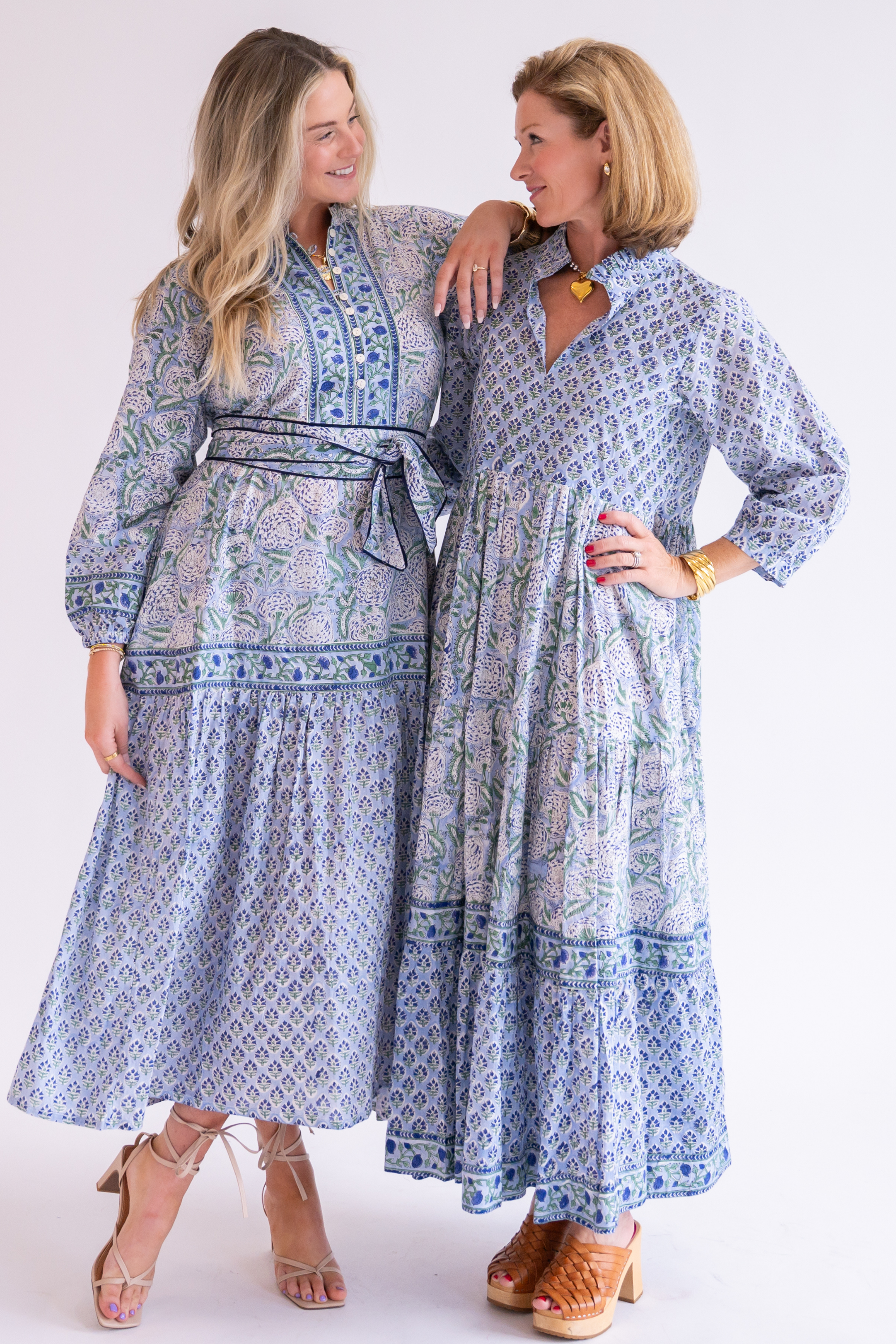 Esther 3/4 Sleeve Blockprint Maxi Dress - Cornflower Mix