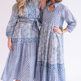 Heidi Long Sleeve Belted Blockprint Maxi Dress - Cornflower Mix