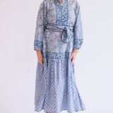 Heidi Long Sleeve Belted Blockprint Maxi Dress - Cornflower Mix