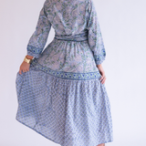 Heidi Long Sleeve Belted Blockprint Maxi Dress - Cornflower Mix