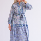 Heidi Long Sleeve Belted Blockprint Maxi Dress - Cornflower Mix