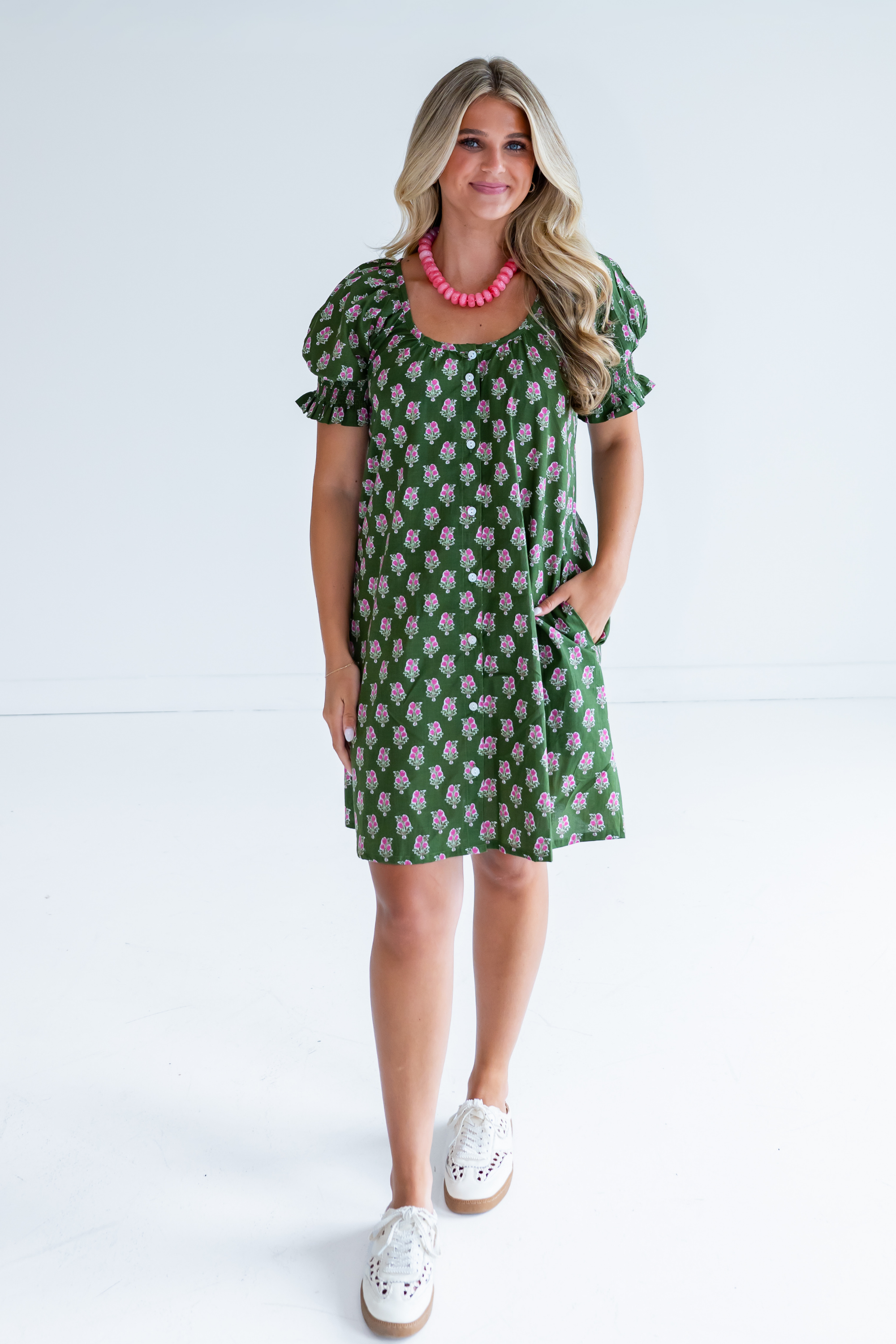Kylie Button Down Mini Dress - Floral Green Pink