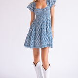 Abby Sweetheart Blockprint Mini Dress - Wavy Dark Teal