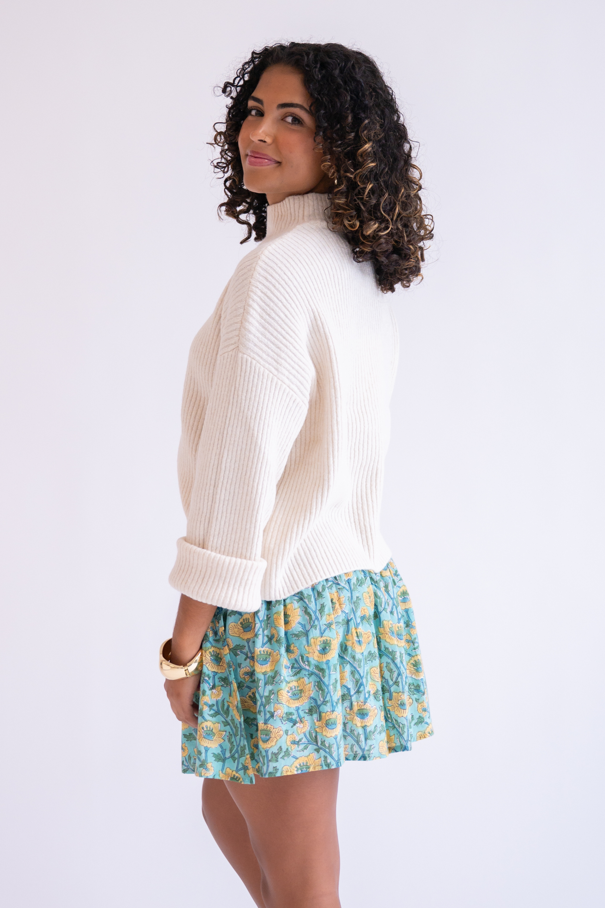 Maya Ribbed High Neck Sweater - Cream