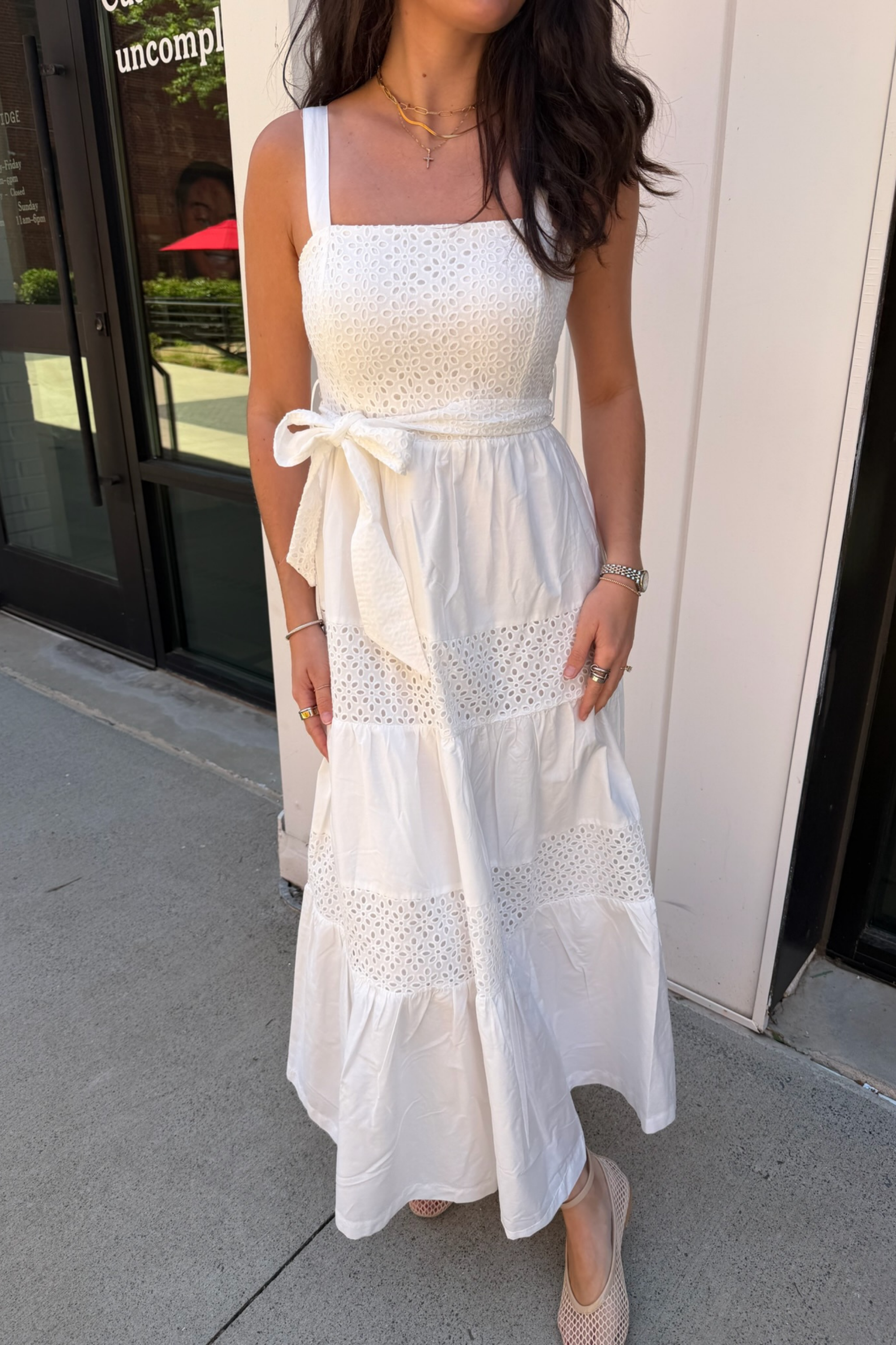 Cindy Eyelet Belted Maxi Dress - White