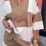 Salli Stripe Half Zip-Up Top & Shorts Set - Taupe