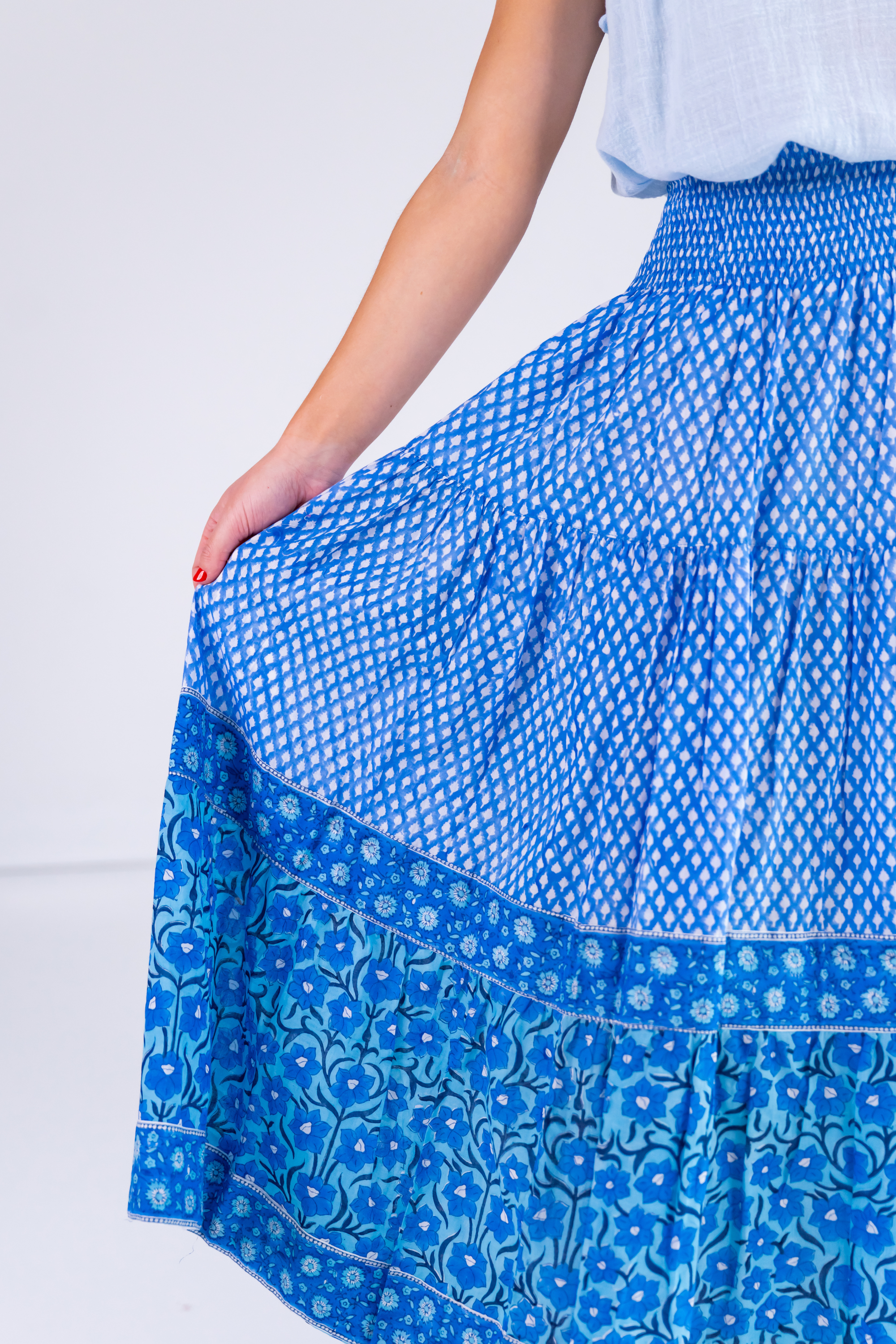 Lucy Smocked Midi Skirt - Mini Hibiscus Bright Blue