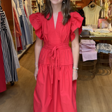 Fiona Flutter Sleeve Midi Dress - Red