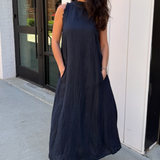 Naomi Mock Neck Linen Maxi - Navy Blue