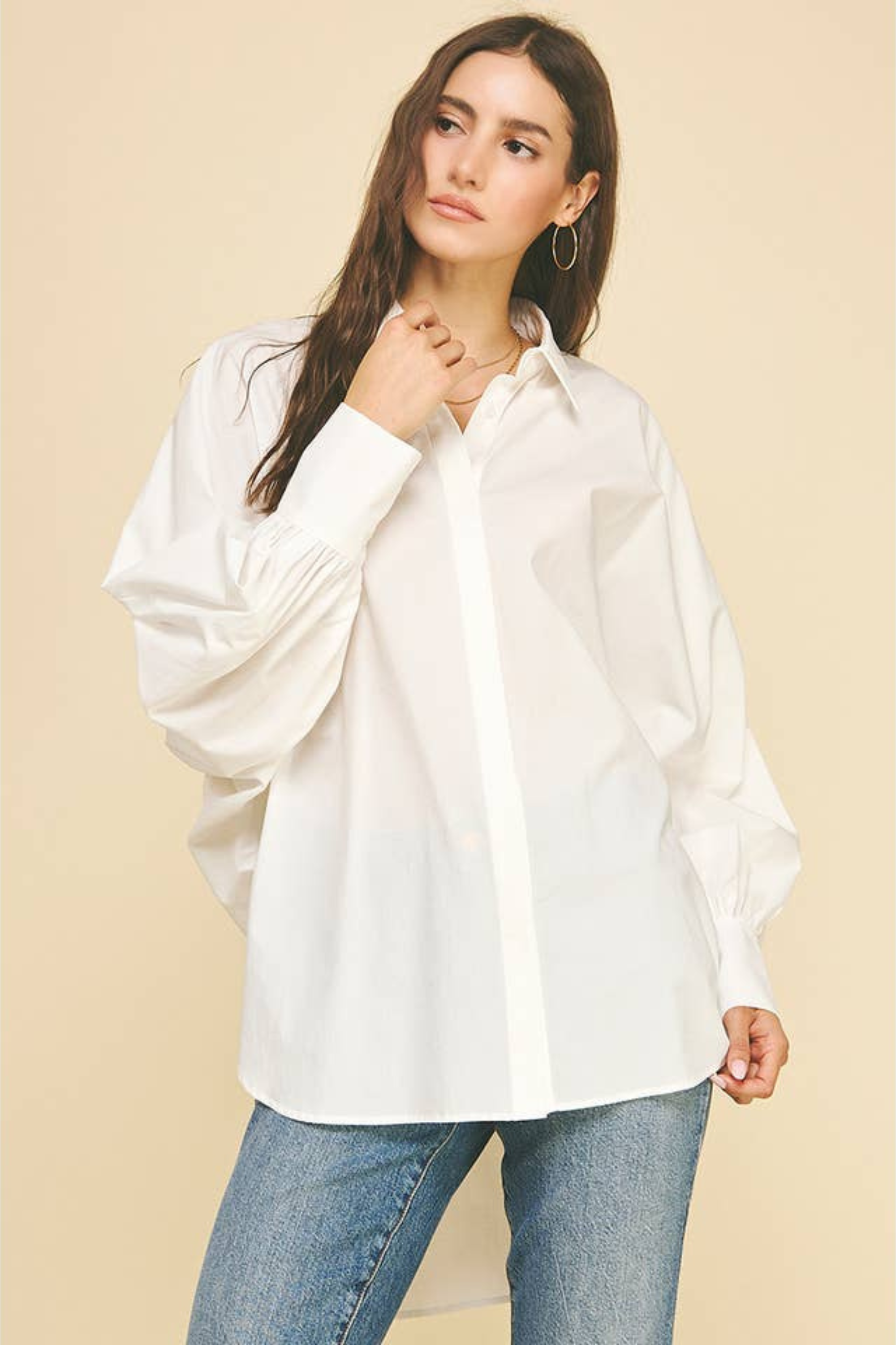 Zoe Poplin Balloon Sleeve Oversized Shirt - Off White