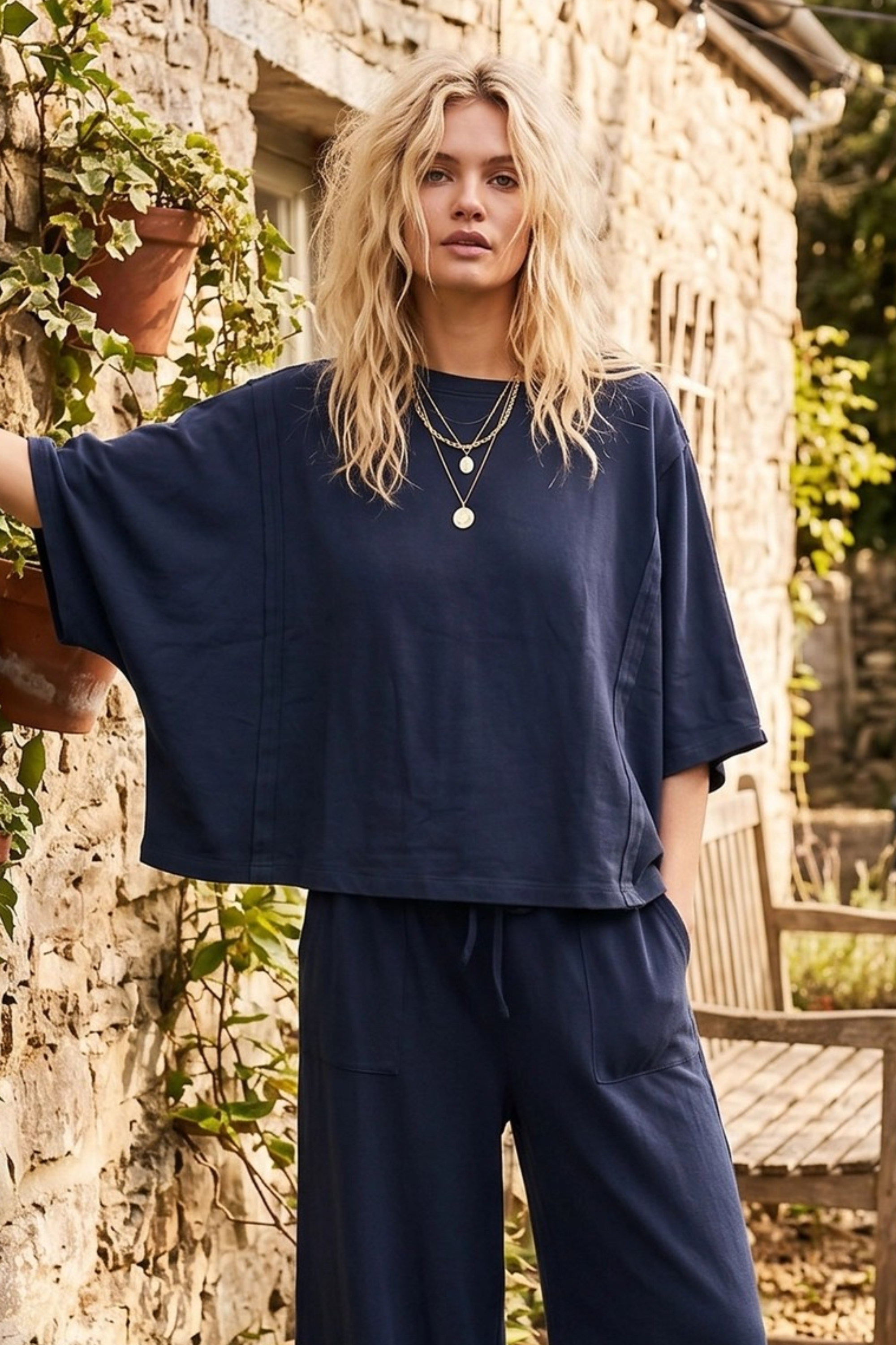 Gracie Stretch Boxy Top & Wide Leg Pant Set - Navy
