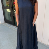 Naomi Mock Neck Linen Maxi - Navy Blue