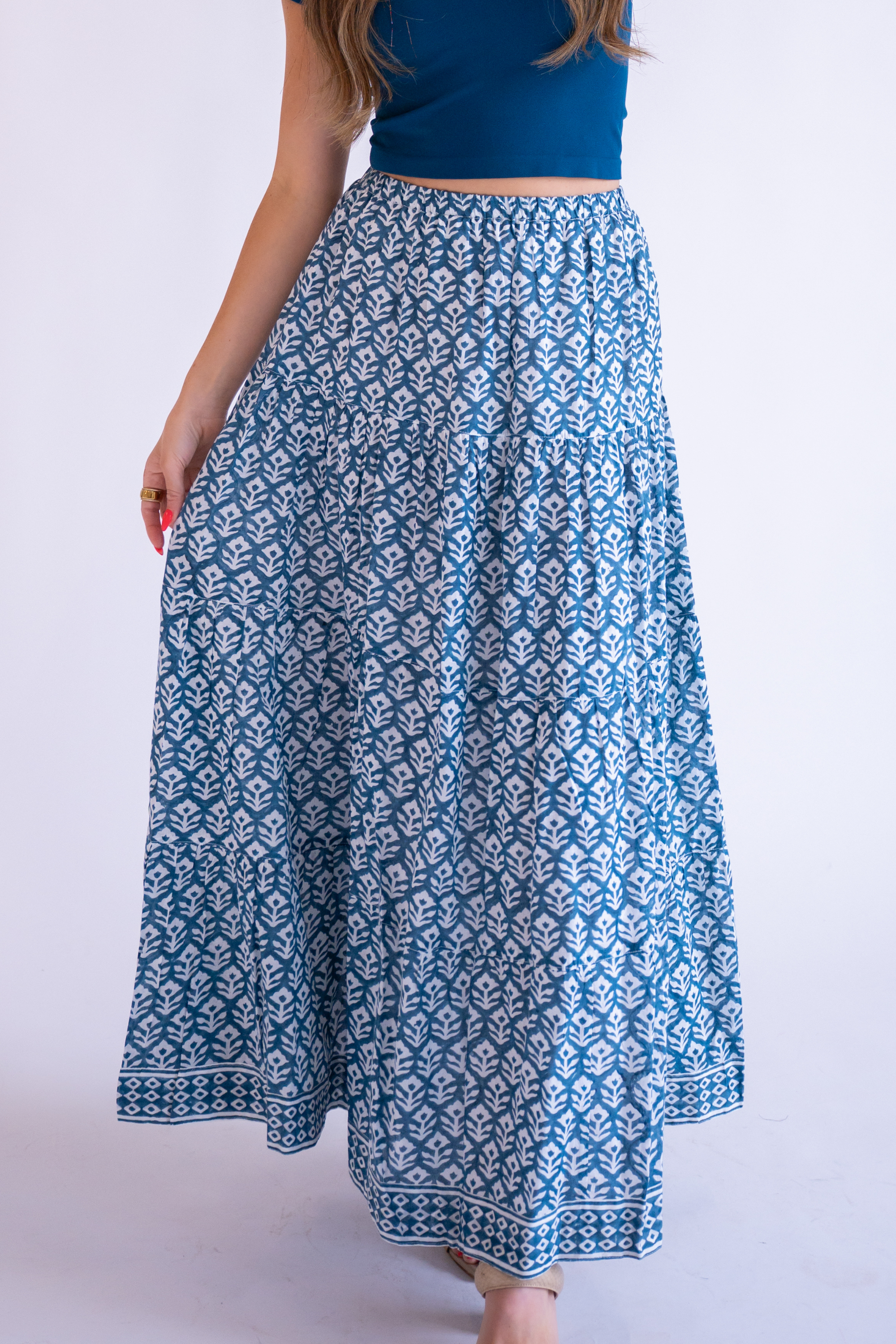 Jane Elastic Waist Maxi Skirt - Wavy Dark Teal