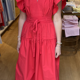 Fiona Flutter Sleeve Midi Dress - Red