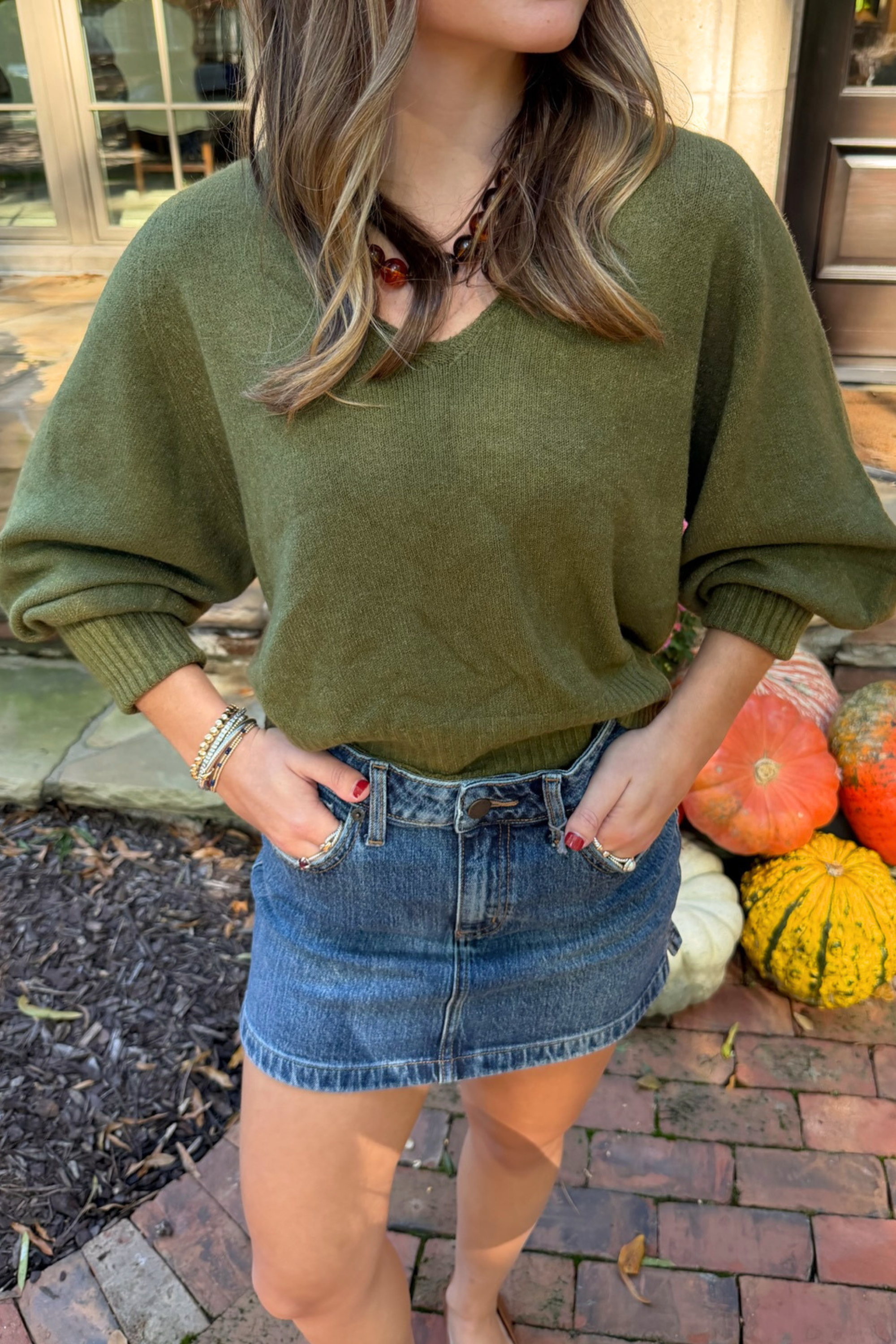 Riley Ribbed Bubble Sleeve Sweater - Italian Olive
