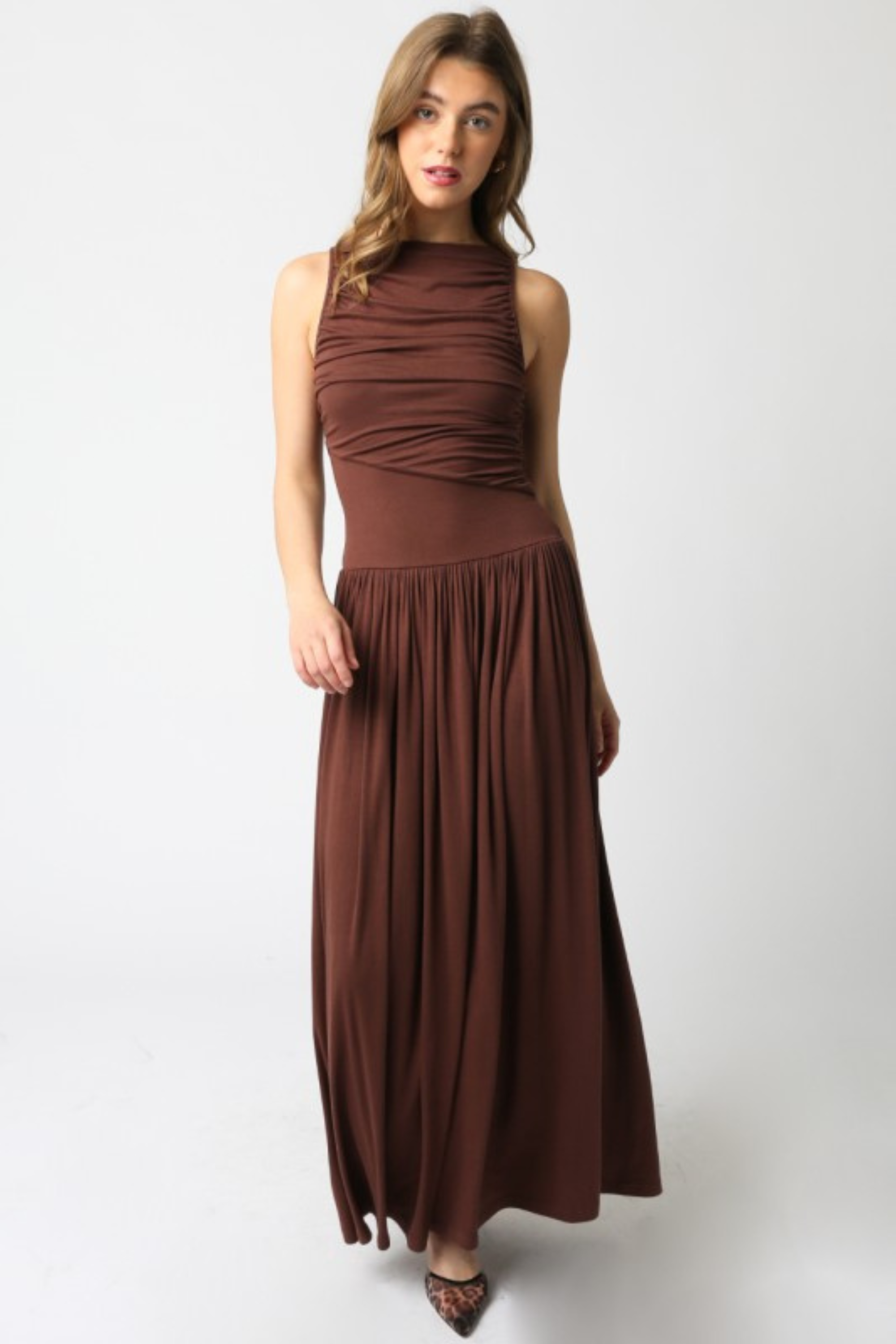 Brinley High Neck Jersey Maxi Dress - Dark Brown