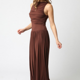 Brinley High Neck Jersey Maxi Dress - Dark Brown