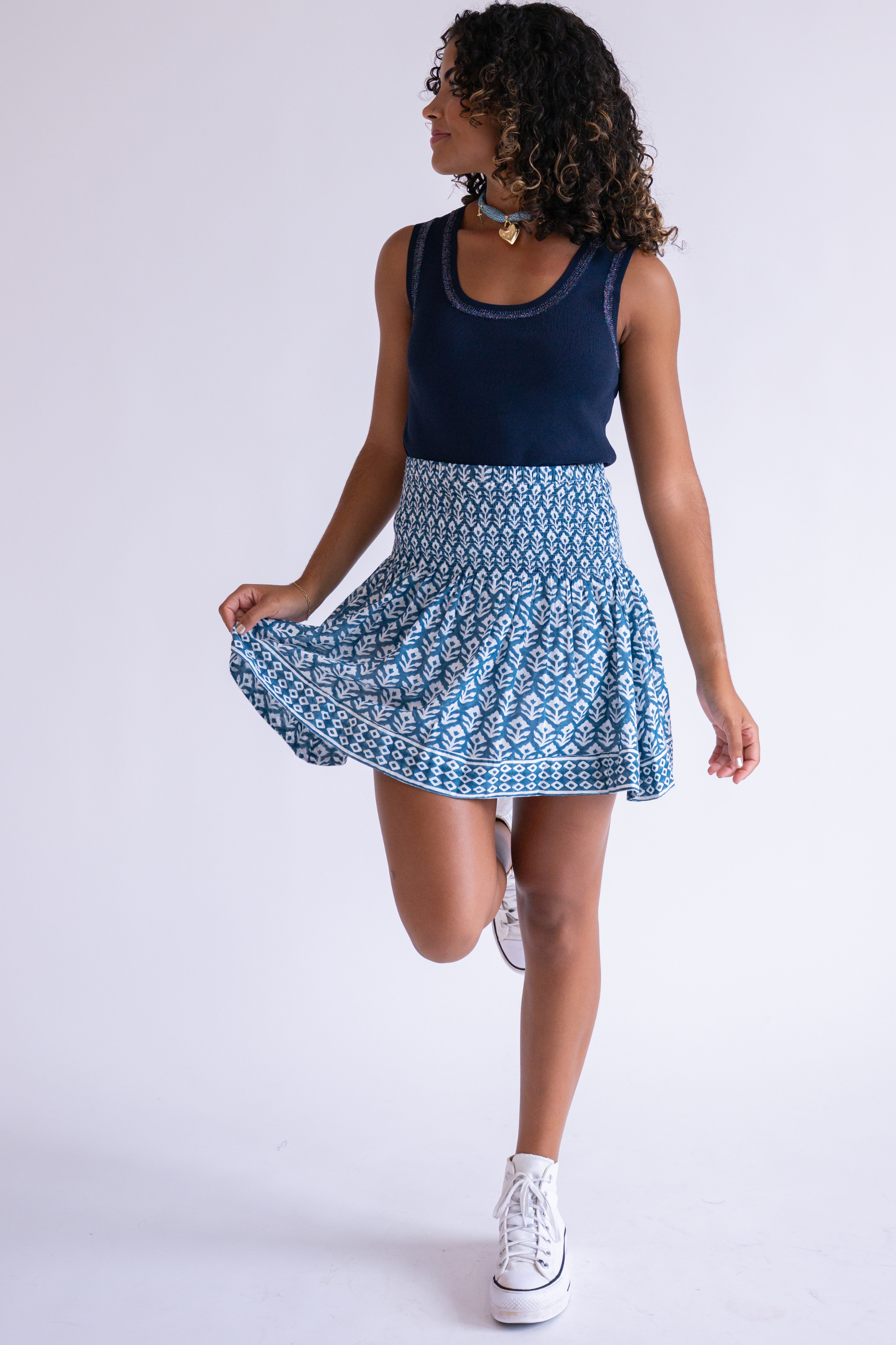 Sandy Smocked Mini Skirt - Wavy Dark Teal