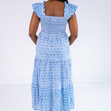 Chloe Scalloped Maxi Dress - Bulb Trellis Bright Blue