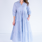 Esther 3/4 Sleeve Maxi Dress - Mini Stripe Cornflower