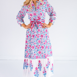 Heidi Long Sleeve Belted Blockprint Maxi Dress - Poppy Mix Hot Pink