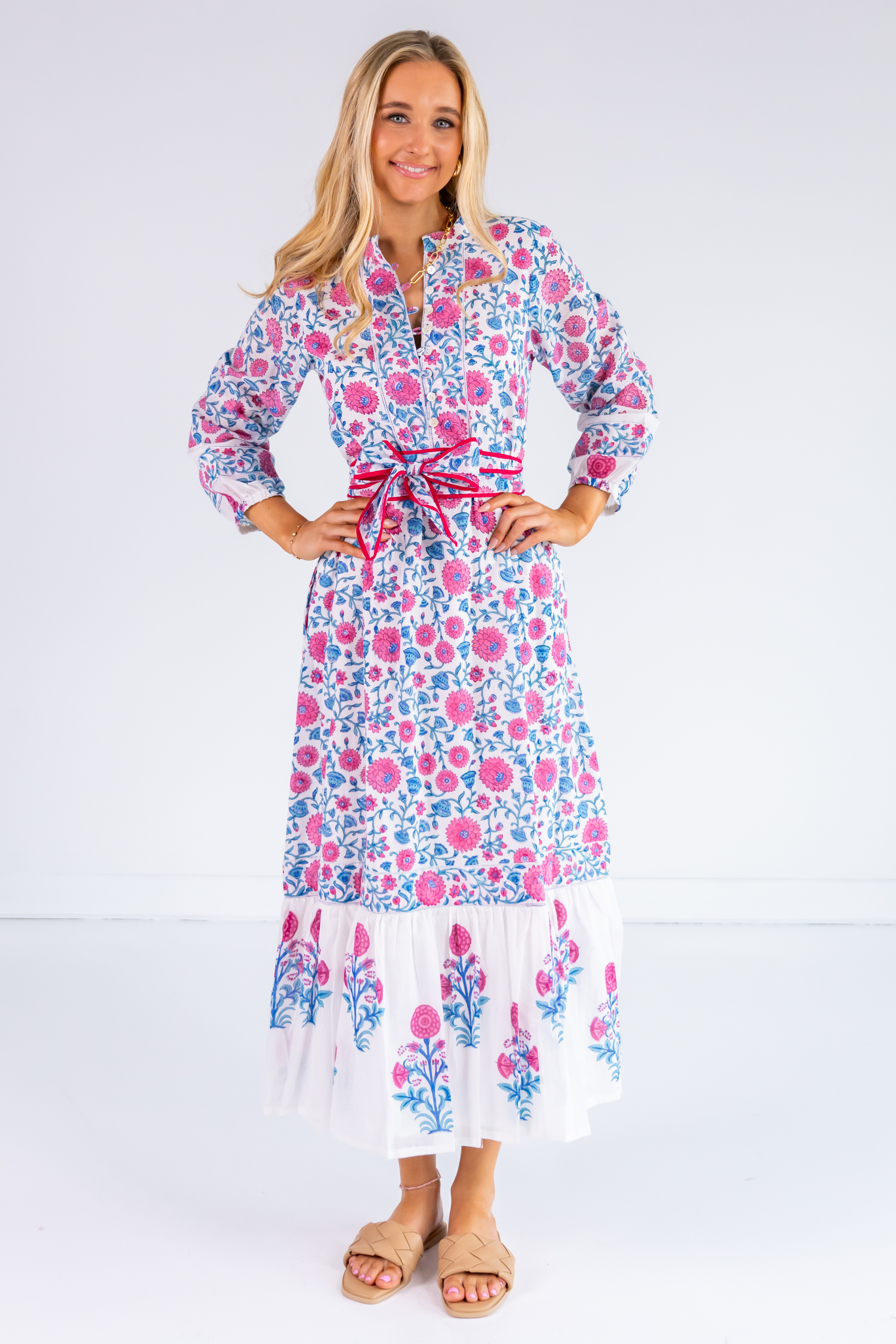 Heidi Long Sleeve Belted Blockprint Maxi Dress - Poppy Mix Hot Pink Lilbelle Charlotte Heidi Long Sleeve Belted Blockprint Maxi Dress - Poppy Mix Hot Pink Lilbelle Charlotte