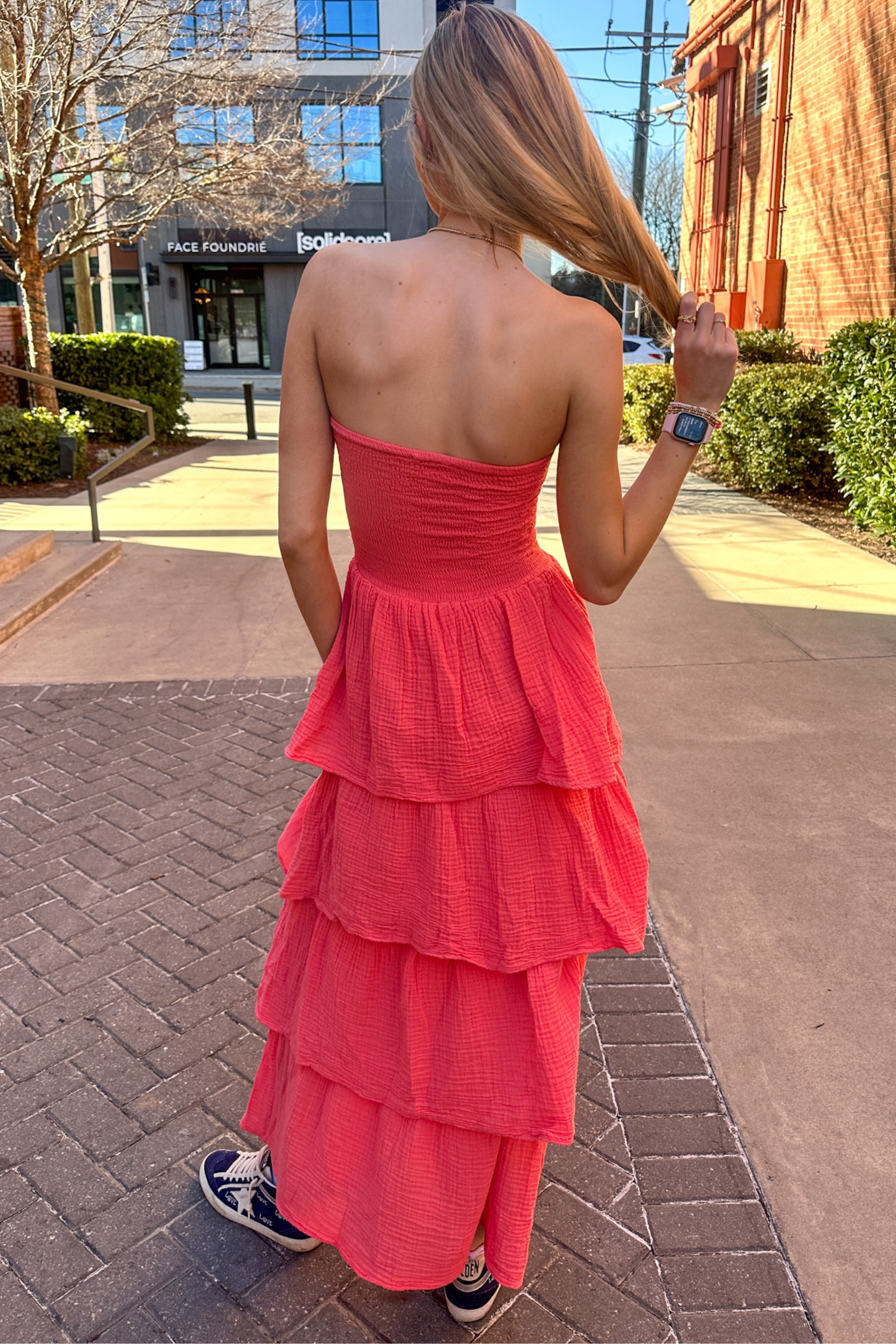 Strapless Gauze Tier Maxi Dress - Coral Rock