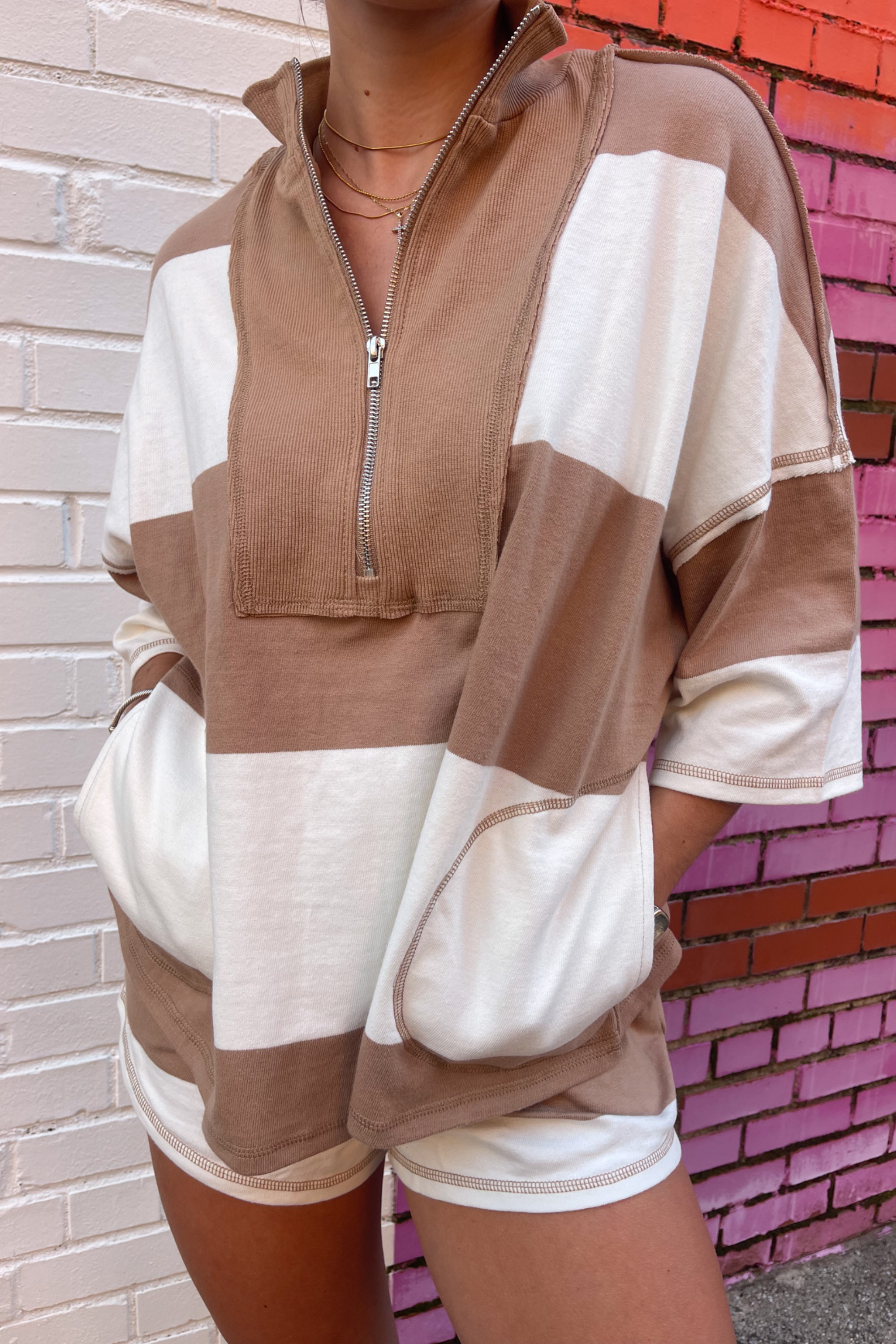 Salli Stripe Half Zip-Up Top & Shorts Set - Taupe