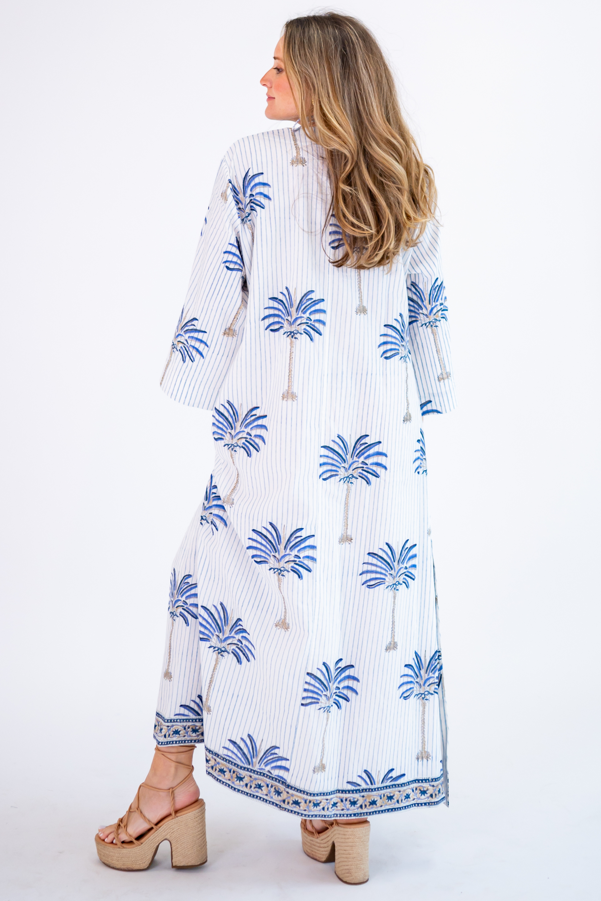 Katharine Bell Sleeve Maxi Dress - Palm Stripe Cornflower