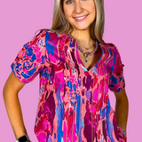 Adriana Pleated Short Sleeve Top - Paint Burst Pink